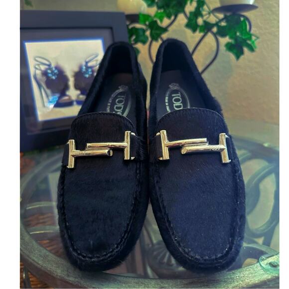 NEW TOD's Silver Double T BLACK PONY HAIR Leather Gommino Driving Shoes 38  US 8 - Picture 9 of 15